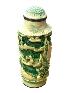 Vintage Chinese Snuff Bottle‎ Green Ivory Resin Carved Embossed Mark Base 2.5”